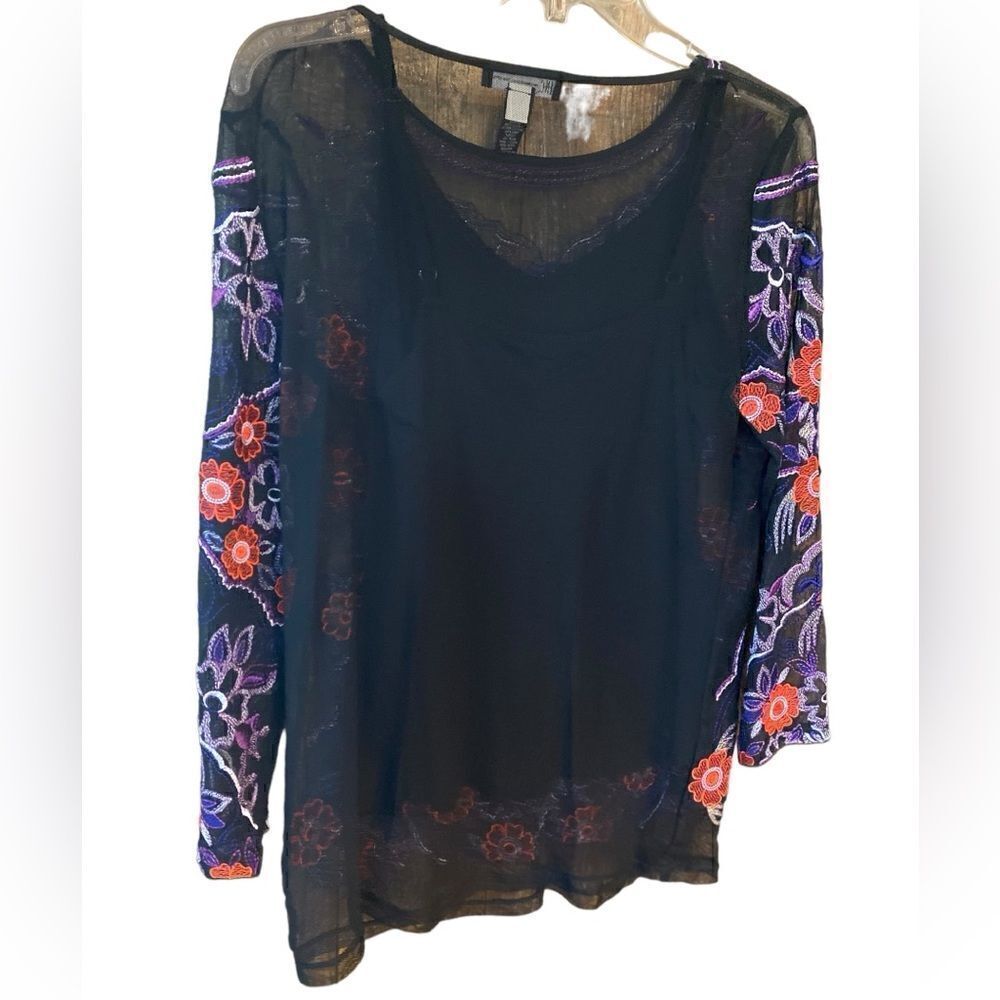 INC Sz M Black Purple Heavy Embroidered Front Design Sheer Overlay Tank Top - Picture 3 of 7
